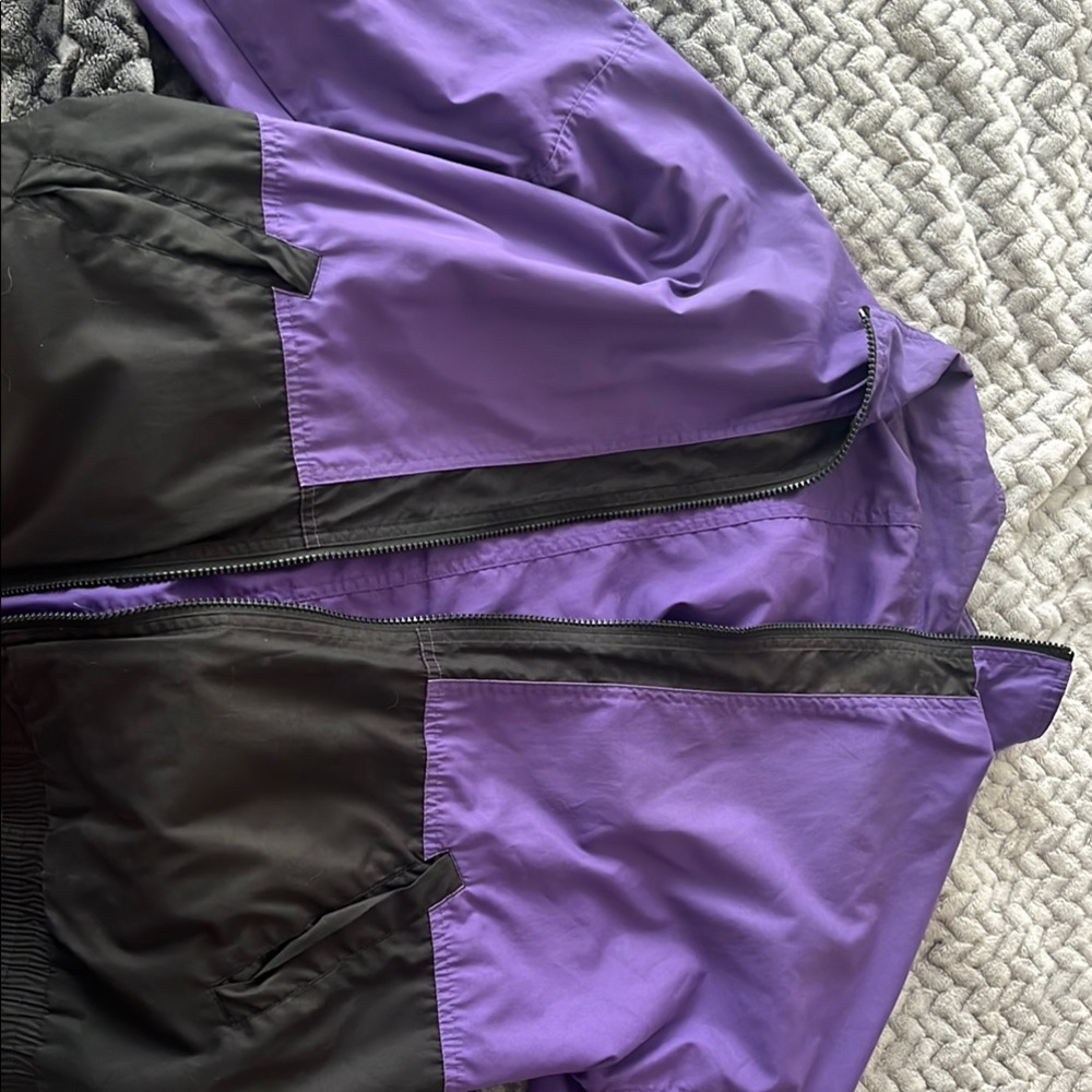 Purple and Black Bomber Jacket with Weather-Resistant Fabric